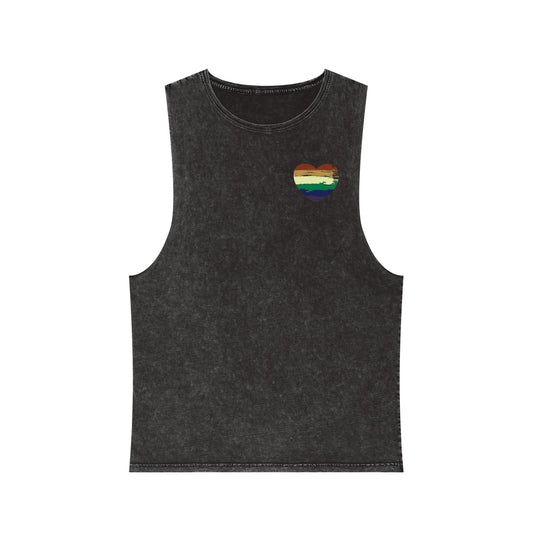 Unisex Stonewash Tank Top with Rainbow Heart Design - Perfect for Summer Pride Celebrations