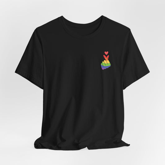 LGBTQ Pride Shirt - Front and Back Designs - Finger Heart Rainbow Colors